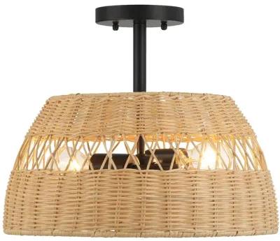 Twinkle Double Lights Semi Flush With Rattan Shade Black Metal Finish for Farmhouse Style