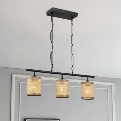 Elysian Three Lights Island With Natural Rattan Shade Farmhouse Chain Ceiling Lamp