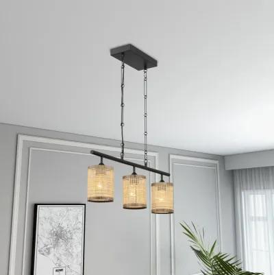 Elysian Three Lights Island With Natural Rattan Shade Farmhouse Chain Ceiling Lamp