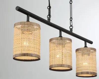 Elysian Three Lights Island With Natural Rattan Shade Farmhouse Chain Ceiling Lamp