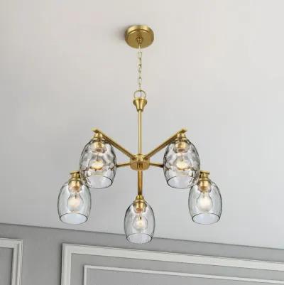 Elegance Five Lights Linear Arms with Golden Brass Finish Chain Chandelier 24"W × 8.5"H with Clear Water Glass