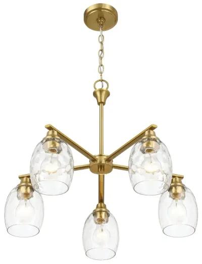 Elegance Five Lights Linear Arms with Golden Brass Finish Chain Chandelier 24"W × 8.5"H with Clear Water Glass