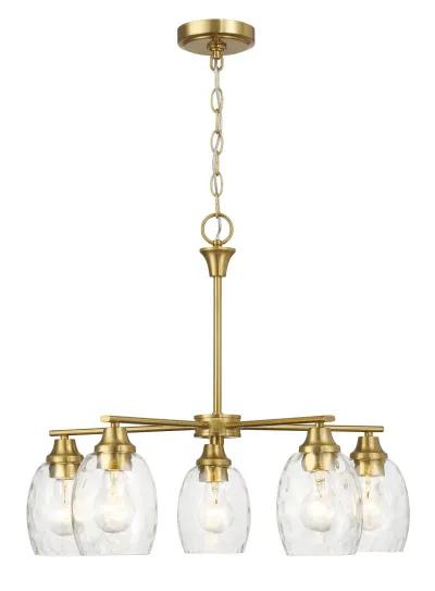 Elegance Five Lights Linear Arms with Golden Brass Finish Chain Chandelier 24"W × 8.5"H with Clear Water Glass