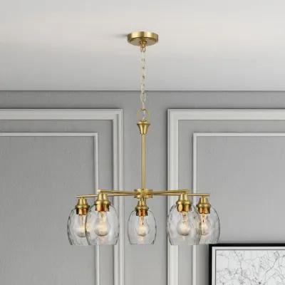 Elegance Five Lights Linear Arms with Golden Brass Finish Chain Chandelier 24"W × 8.5"H with Clear Water Glass