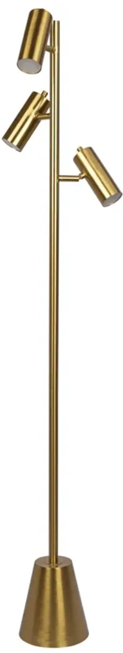 Lumina Brassed Gold Floor Lamp with Rotary Switch Triple Spots Metal Cone Base