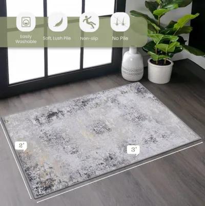 Layla 2' x 3' Gray/Gold Machine Washable Low-Pile, Non-Slip, Non-Shedding, Foldable, Kid & Pet Friendly Area Rug