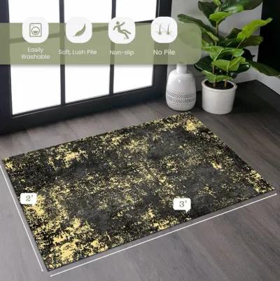 Layla 5' x 8' Black/Gold Machine Washable Low-Pile, Non-Slip, Non-Shedding, Foldable, Kid & Pet Friendly Area Rug