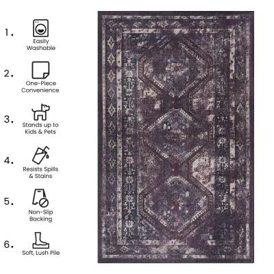 Kaden 2'6'' x 10' Burgundy/Black Machine Washable Low-Pile, Non-Slip, Non-Shedding, Foldable, Kid & Pet Friendly Area Rug