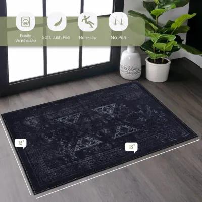 Kaden 2' x 3' Black/Gray Machine Washable Low-Pile, Non-Slip, Non-Shedding, Foldable, Kid & Pet Friendly Area Rug