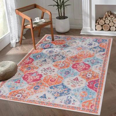 Rigo 6' x 9' Cream/ Machine Washable Low-Pile, Non-Slip, Non-Shedding, Foldable, Kid & Pet Friendly Area Rug