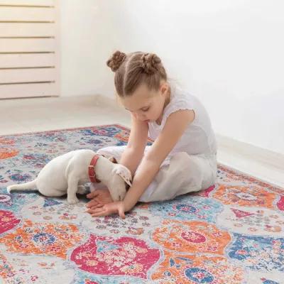 Rigo 8' x 10' Cream/ Machine Washable Low-Pile, Non-Slip, Non-Shedding, Foldable, Kid & Pet Friendly Area Rug