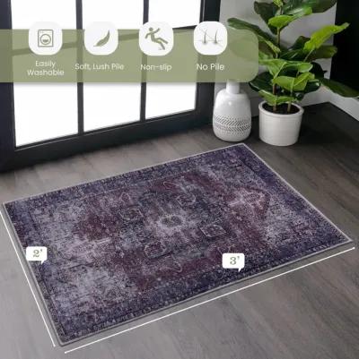 Elko 2' x 3' Burgundy/Blue Machine Washable Low-Pile, Non-Slip, Non-Shedding, Foldable, Kid & Pet Friendly Area Rug