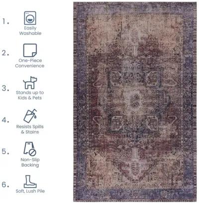 Elko 3' x 5' Burgundy/Blue Machine Washable Low-Pile, Non-Slip, Non-Shedding, Foldable, Kid & Pet Friendly Area Rug