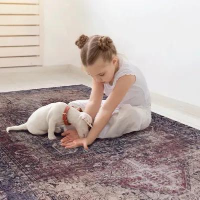 Elko 5' x 8' Burgundy/Blue Machine Washable Low-Pile, Non-Slip, Non-Shedding, Foldable, Kid & Pet Friendly Area Rug