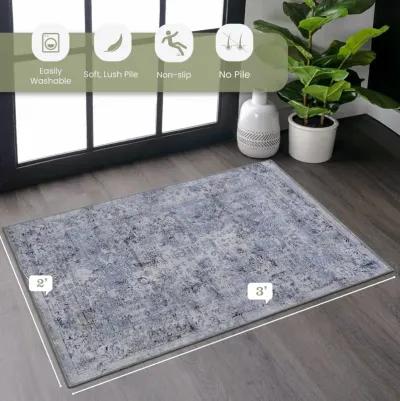 Colca 3' x 5' Blue/Cream Machine Washable Low-Pile, Non-Slip, Non-Shedding, Foldable, Kid & Pet Friendly Area Rug