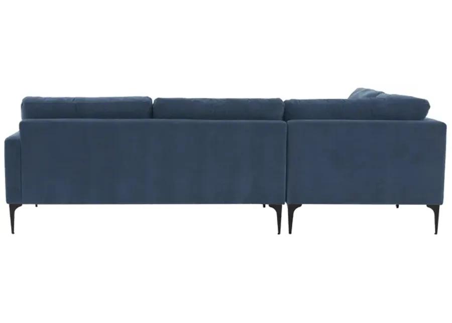 Serena Blue Velvet Large LAF Chaise Sectional with Black Legs