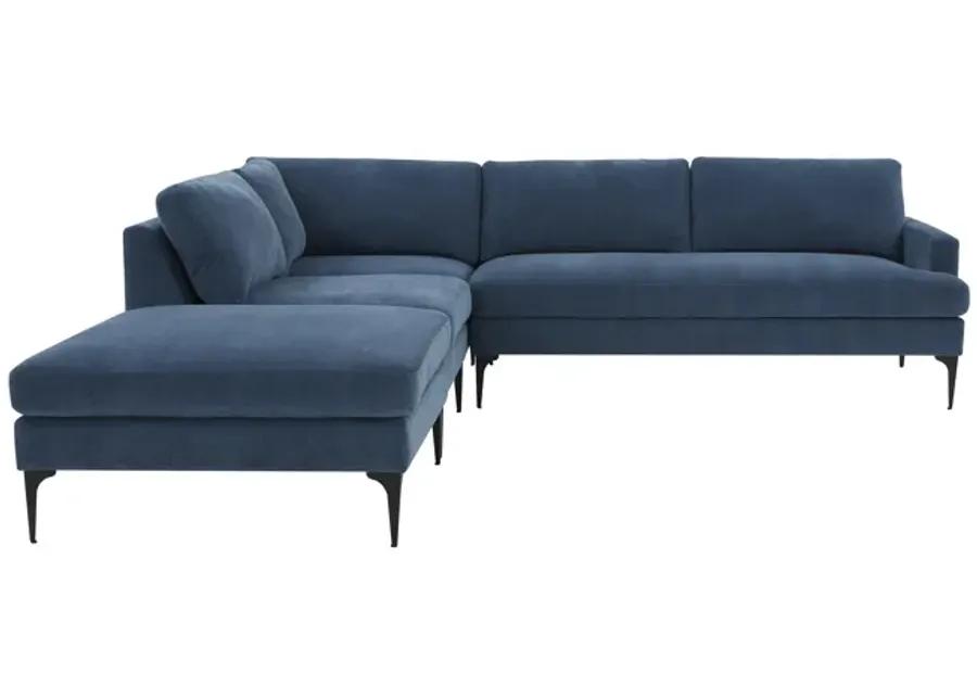 Serena Blue Velvet Large LAF Chaise Sectional with Black Legs