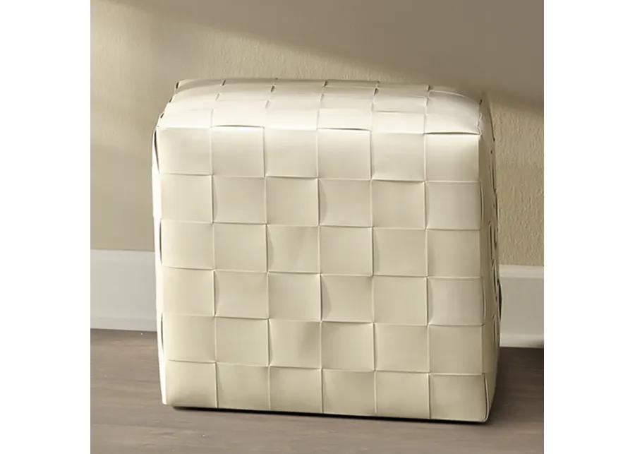 Woven Leather Ottoman, White