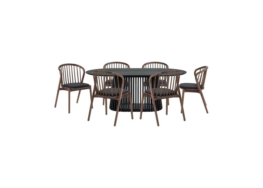 Pasadena Echo 7 Piece Oval Dining Set in Black Oak Finish with Walnut Finish Chairs