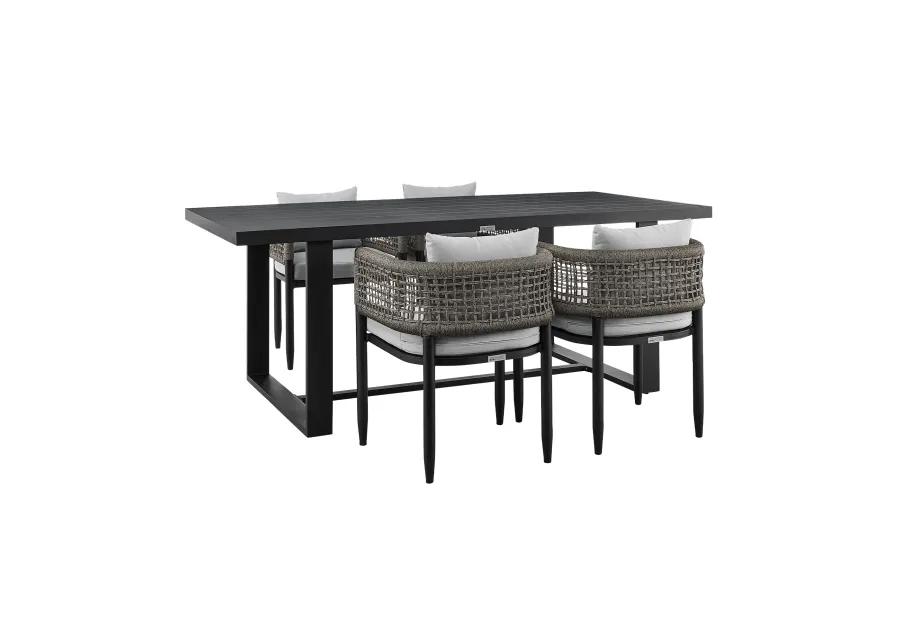 Felicia Outdoor Patio 5-Piece Dining Table Set in Aluminum with Gray Rope and Cushions