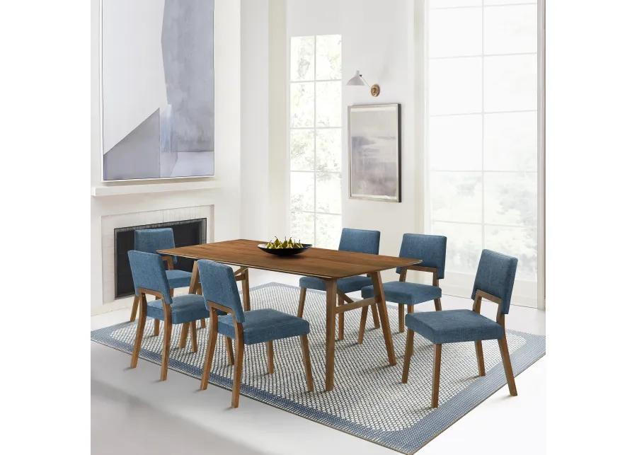 Channell 7 Piece Walnut Wood Dining Table Set with Blue Fabric