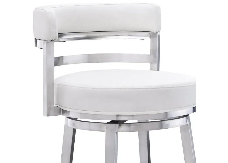 Madrid 26" Counter Height Swivel White Faux Leather and Brushed Stainless Steel Bar Stool