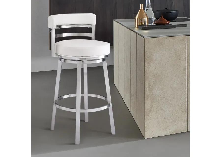 Madrid 26" Counter Height Swivel White Faux Leather and Brushed Stainless Steel Bar Stool