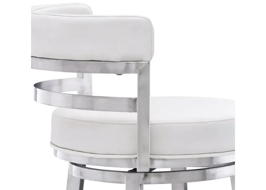 Madrid 26" Counter Height Swivel White Faux Leather and Brushed Stainless Steel Bar Stool