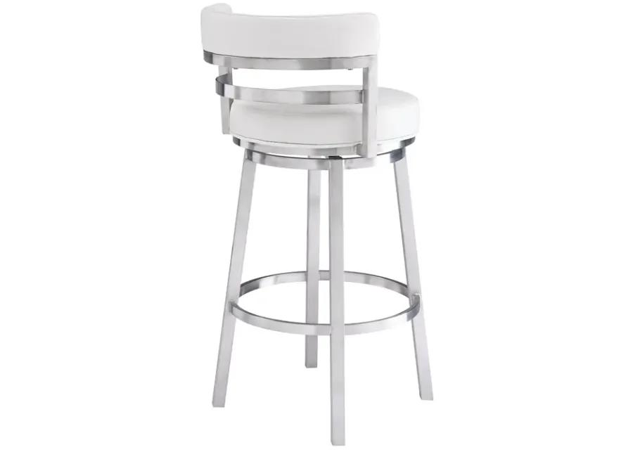 Madrid 26" Counter Height Swivel White Faux Leather and Brushed Stainless Steel Bar Stool