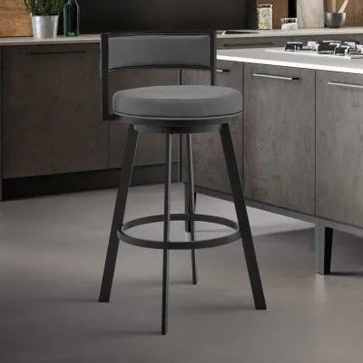 Roman 30" Gray Faux Leather and Black Metal Swivel Bar Stool