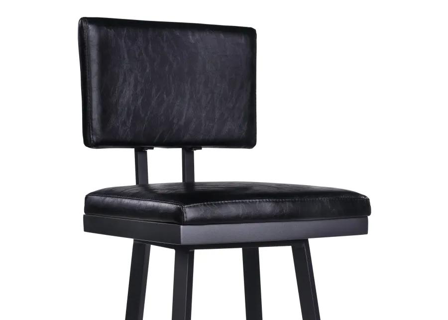 Balboa 26" Counter Height Swivel Vintage Black Faux Leather and Metal Bar Stool