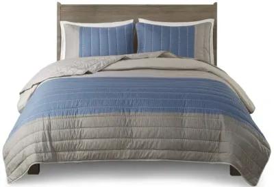 Madison Park Blake Taupe/Blue 3 Piece Printed Color Blocking Microfiber Quilt Set