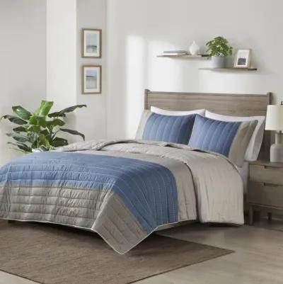 Madison Park Blake Taupe/Blue 3 Piece Printed Color Blocking Microfiber Quilt Set