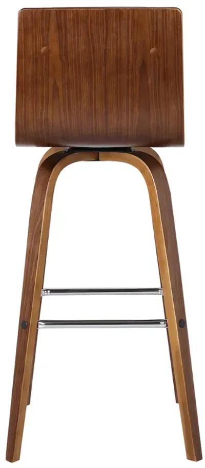 Vienna 30" Bar Height Swivel Brown Faux Leather and Walnut Wood Bar Stool