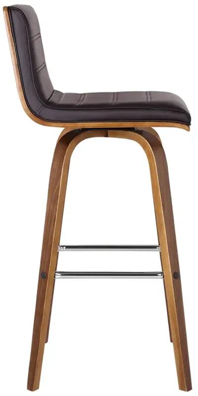 Vienna 30" Bar Height Swivel Brown Faux Leather and Walnut Wood Bar Stool