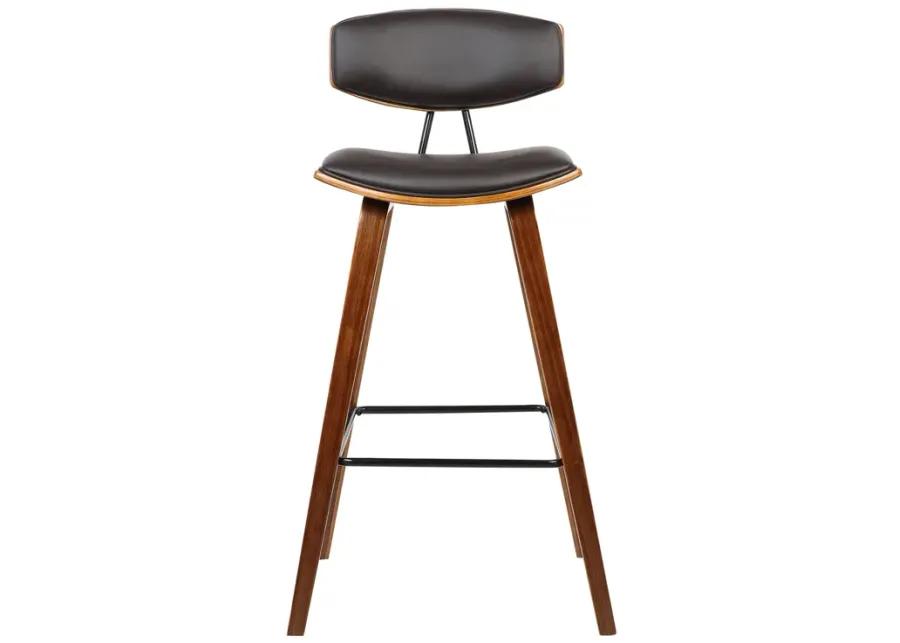 Fox 28.5" Bar Height Brown Faux Leather and Walnut Wood Mid-Century Modern Bar Stool