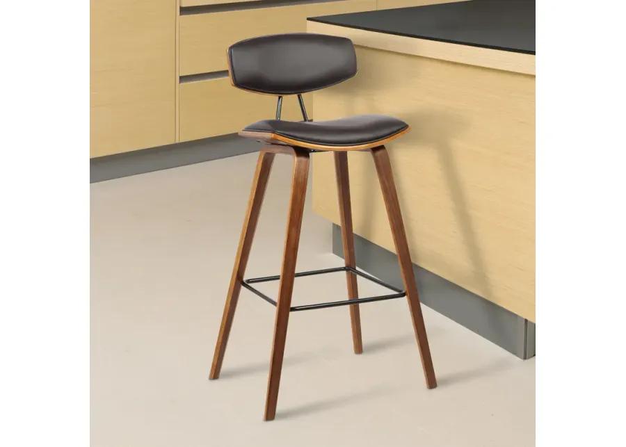 Fox 28.5" Bar Height Brown Faux Leather and Walnut Wood Mid-Century Modern Bar Stool