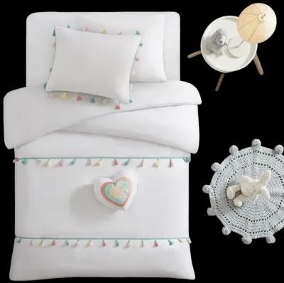 Mi Zone Kids Tessa White Tassel Comforter Set with Heart Shaped Throw Pillow