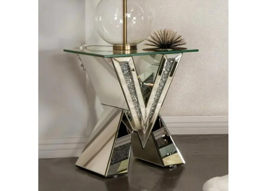 Taffeta V-shaped End Table with Glass Top Silver