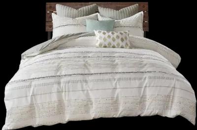 INK+IVY Nea Off White/Gray Cotton Printed Duvet Cover Set with Trims