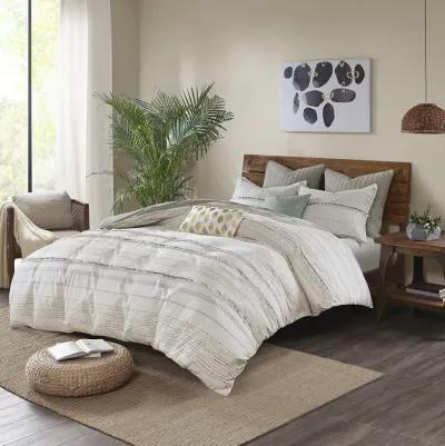 INK+IVY Nea Off White/Gray Cotton Printed Duvet Cover Set with Trims