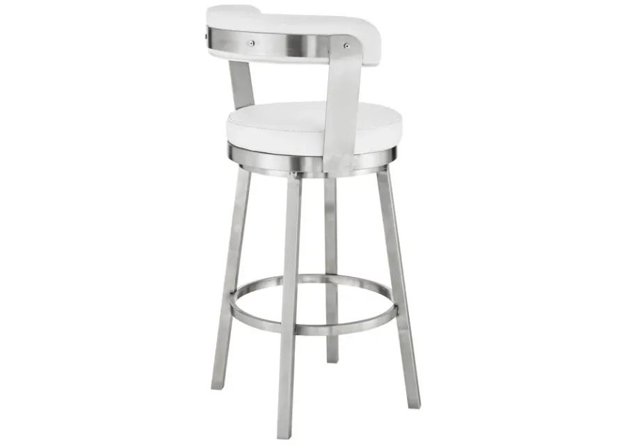 Kobe 30" Bar Height Swivel Bar Stool in Brushed Stainless Steel Finish and White Faux Leather