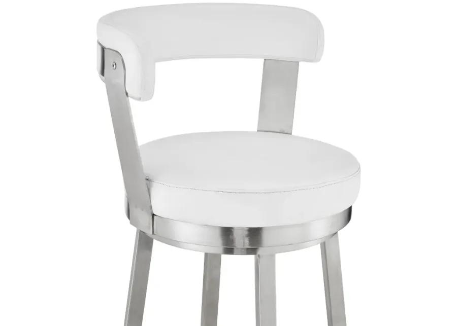 Kobe 30" Bar Height Swivel Bar Stool in Brushed Stainless Steel Finish and White Faux Leather