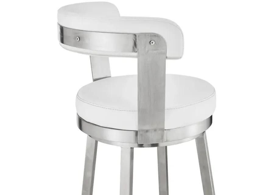 Kobe 30" Bar Height Swivel Bar Stool in Brushed Stainless Steel Finish and White Faux Leather