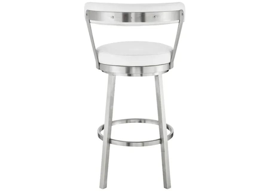 Kobe 30" Bar Height Swivel Bar Stool in Brushed Stainless Steel Finish and White Faux Leather