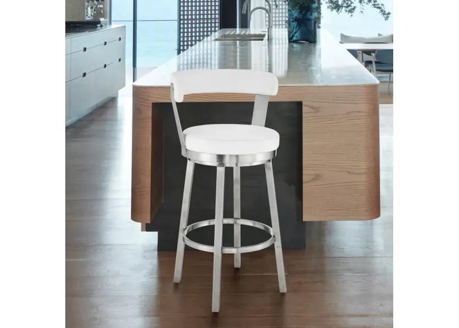 Kobe 30" Bar Height Swivel Bar Stool in Brushed Stainless Steel Finish and White Faux Leather