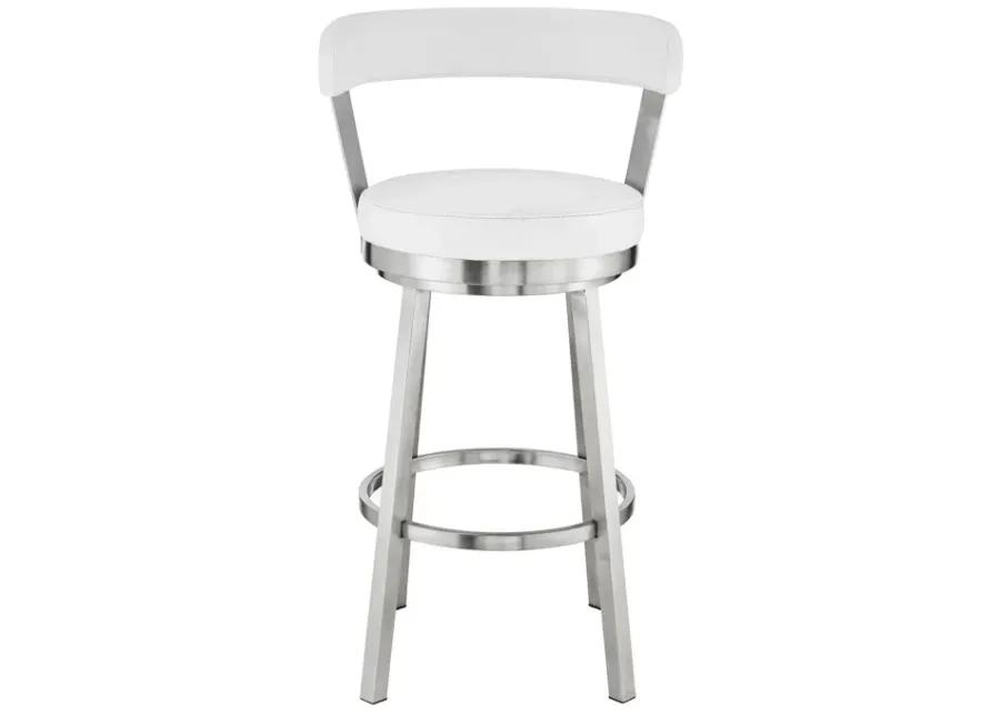 Kobe 30" Bar Height Swivel Bar Stool in Brushed Stainless Steel Finish and White Faux Leather