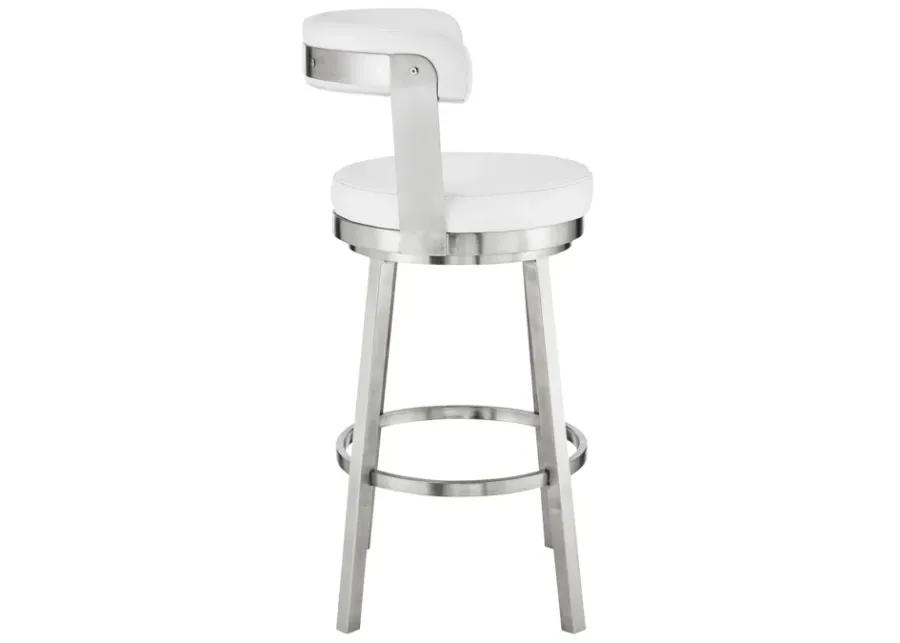 Kobe 30" Bar Height Swivel Bar Stool in Brushed Stainless Steel Finish and White Faux Leather