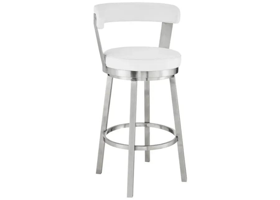 Kobe 30" Bar Height Swivel Bar Stool in Brushed Stainless Steel Finish and White Faux Leather