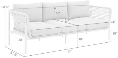 Rhodes Outdoor Patio Sofa in Aluminum with Light Gray Rope and Cushions